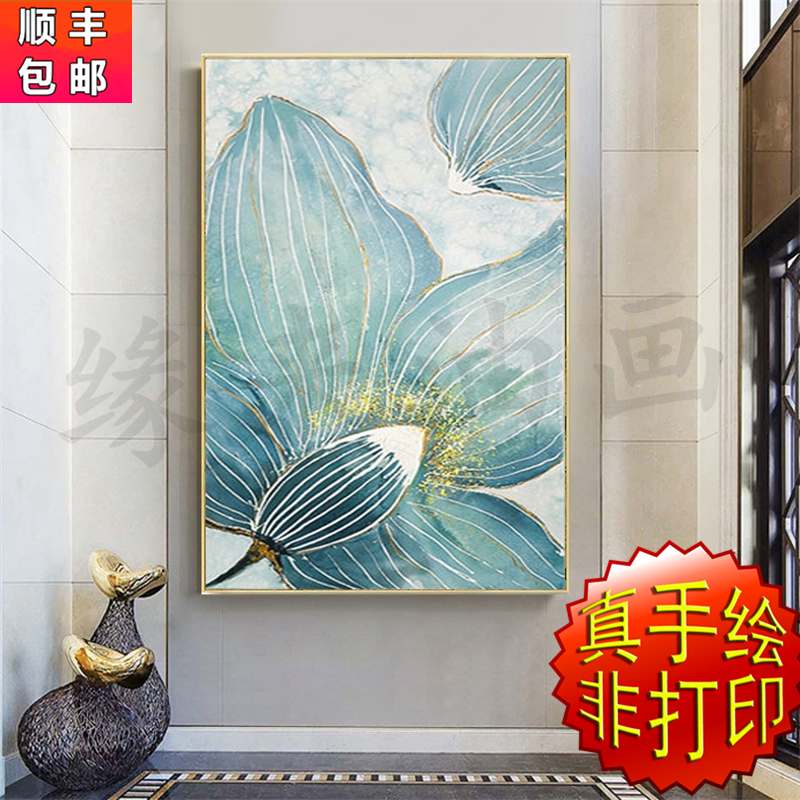 纯手绘油画现代简约客厅荷花竖版装饰画玄关过道挂画卧室花开盛夏图片