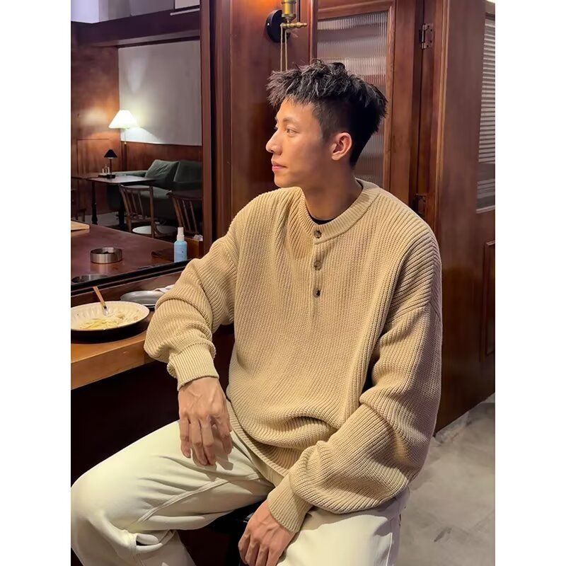 卡其复古纯色亨利领毛衣秋休闲百搭套头针织衫上衣NB178P55，男装针织衫/毛衣，电商D256-2(原A064-2)
