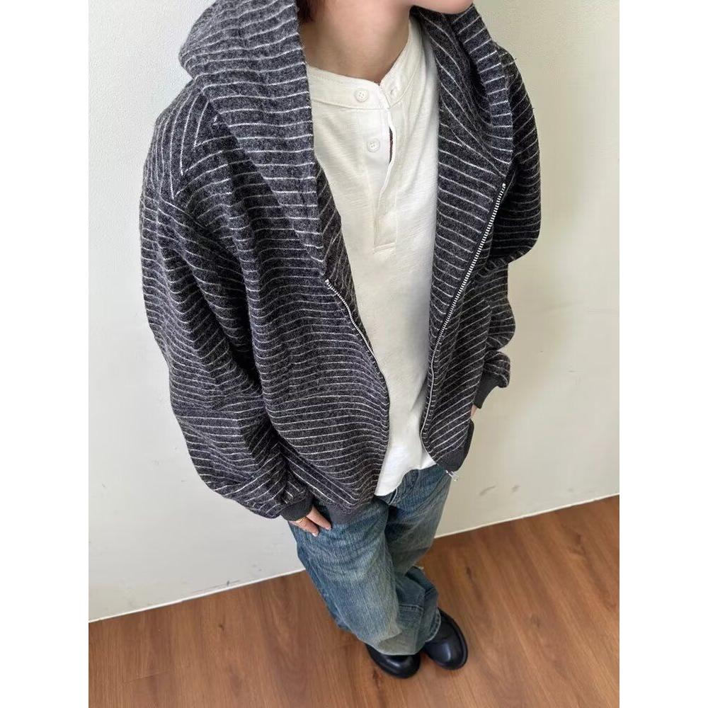 新款休闲连帽开衫毛衣保暖针织衫复古条纹外套NB169P65，男装针织衫/毛衣，电商D256-2(原A064-2)