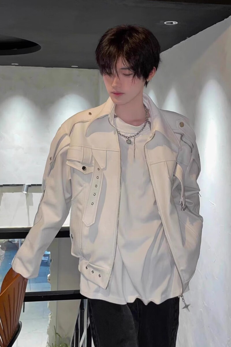 美式复古高街白色皮衣外套小众高级感短款机车服夹克潮SK22P85,男装皮衣,电商D256-2(原A064-2)