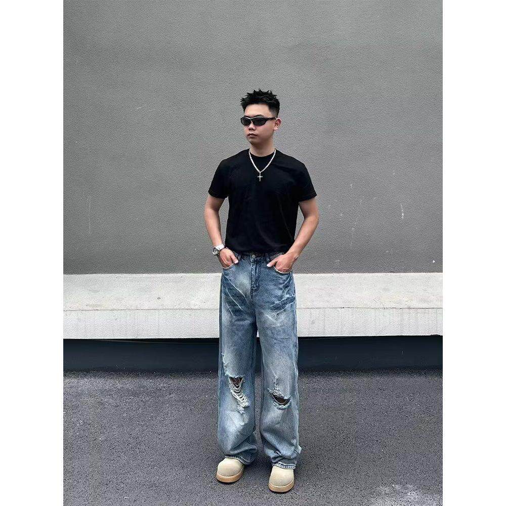 小个子美式复古破洞水洗牛仔裤高腰宽松直筒拖地阔腿裤Q47P50,女装牛仔裤,电商D256-2(原A064-2)