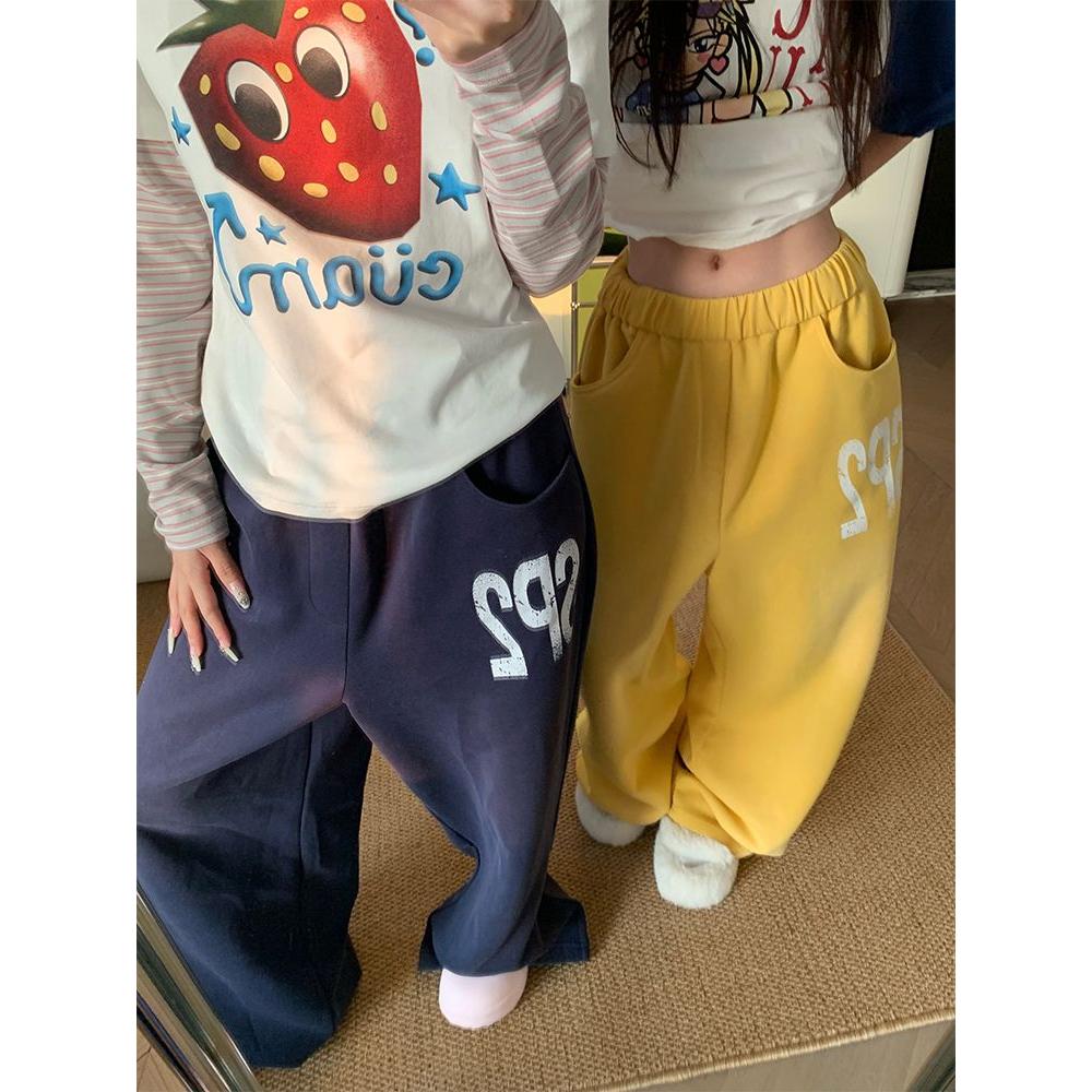 秋季美式字母印花松紧腰阔腿裤男女垂感宽松休闲百搭卫裤Q35P45，女装休闲裤，电商D256-2(原A064-2)