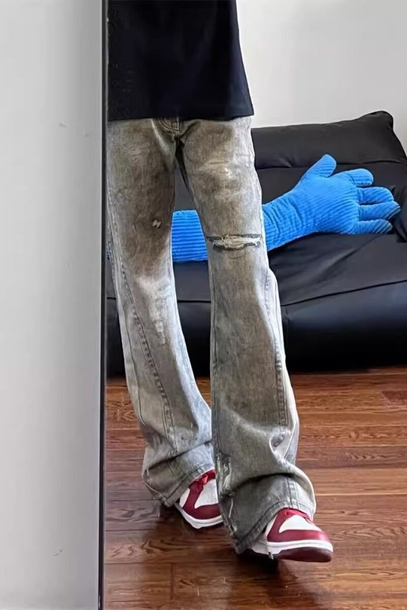 美式高街cleanfit3D数码印花脏染微喇水洗牛仔裤显瘦裤5566 p55图片