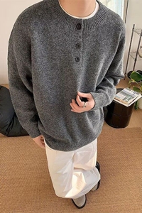 现货2万圆领灰色亨利领毛衣外套男针织衫上衣套头LF527p45加绒60
