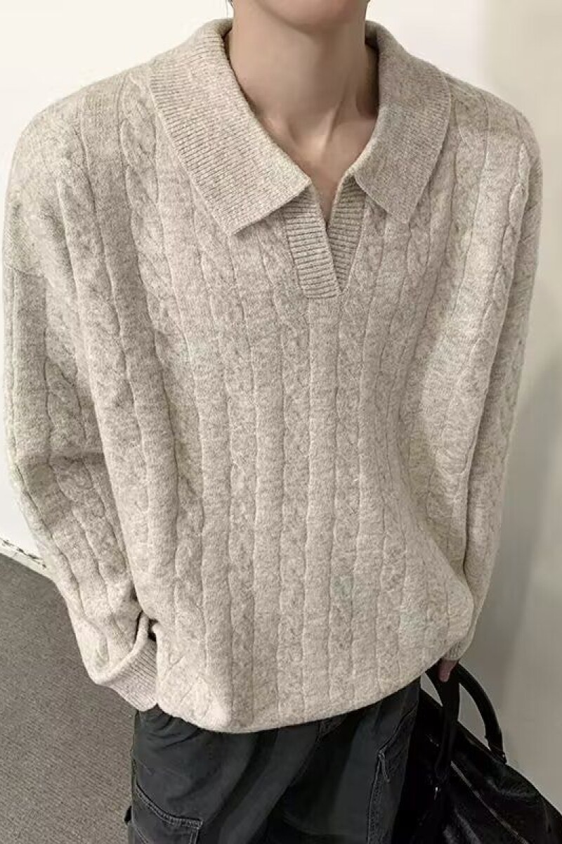 老钱风羊毛混纺条纹针织编织坑条V领POLO衫时尚潮NB236P55,男装Polo衫,电商D256-2(原A064-2)