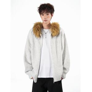 美式复古加厚毛领连帽毛衣外套宽松百搭针织衫保暖上衣NB316 p75图片