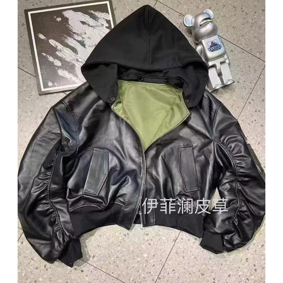 皮衣bomber双层假两件连帽外套飞行员夹克皮质棉服ma1潮NB52P90,男装皮衣,电商D256-2(原A064-2)
