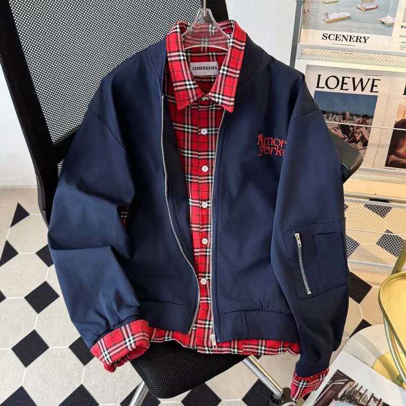 美式复古拼接格子牛仔外套街头短款修身时尚工装夹克男NB95P55,男装工装外套,电商D256-2(原A064-2)