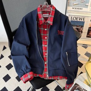 美式复古拼接格子牛仔外套街头短款修身时尚工装夹克男NB95P55,陈皮的最佳搭配方法图片