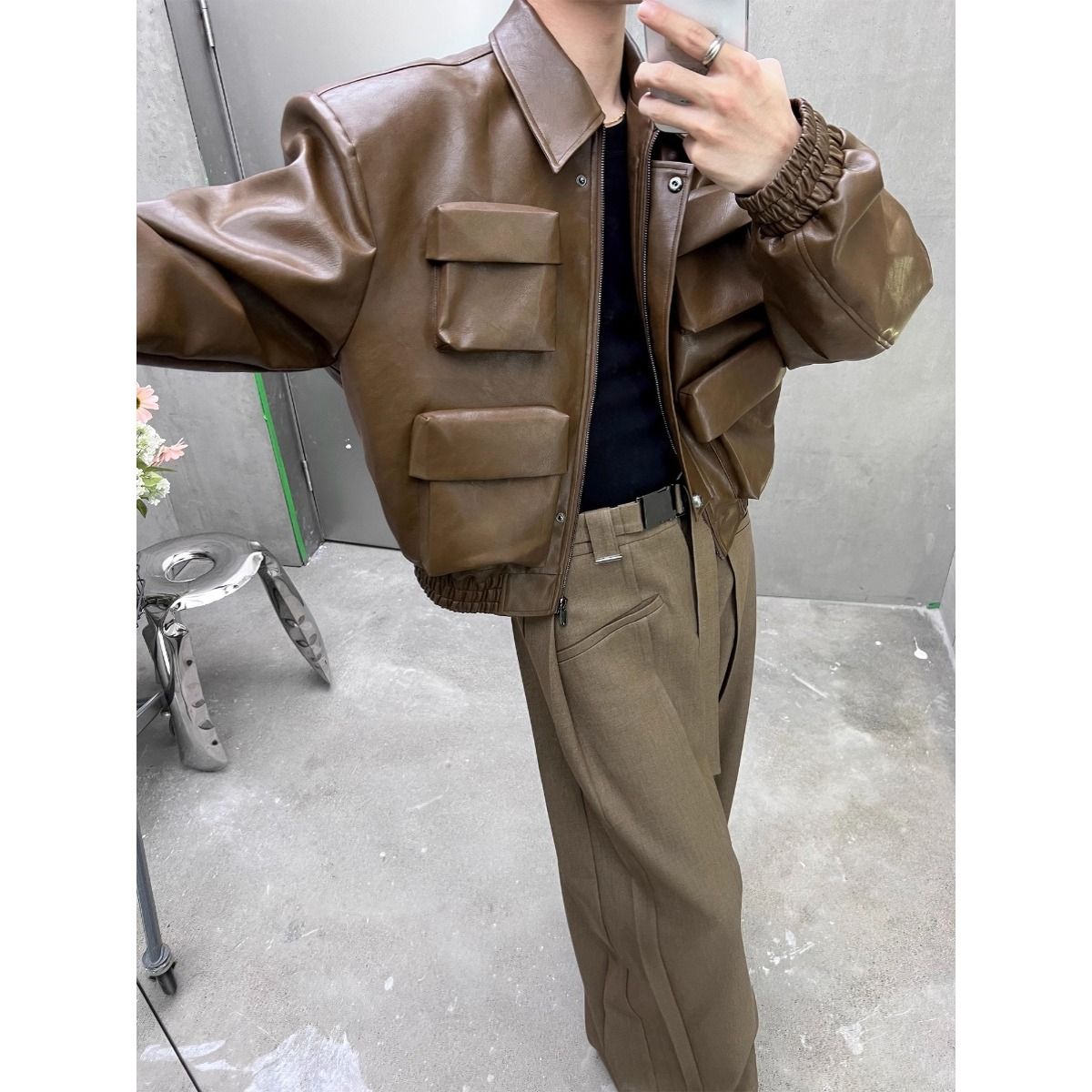美式暗黑廓形短款皮夹克翻领痞帅炸街机车皮衣上衣外套NB195p75,男装夹克,电商D256-2(原A064-2)