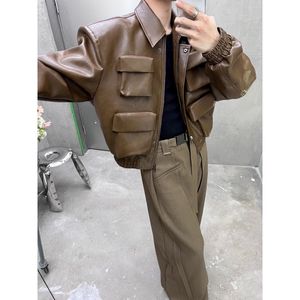 美式暗黑廓形短款皮夹克翻领痞帅炸街机车皮衣上衣外套NB195 p75图片