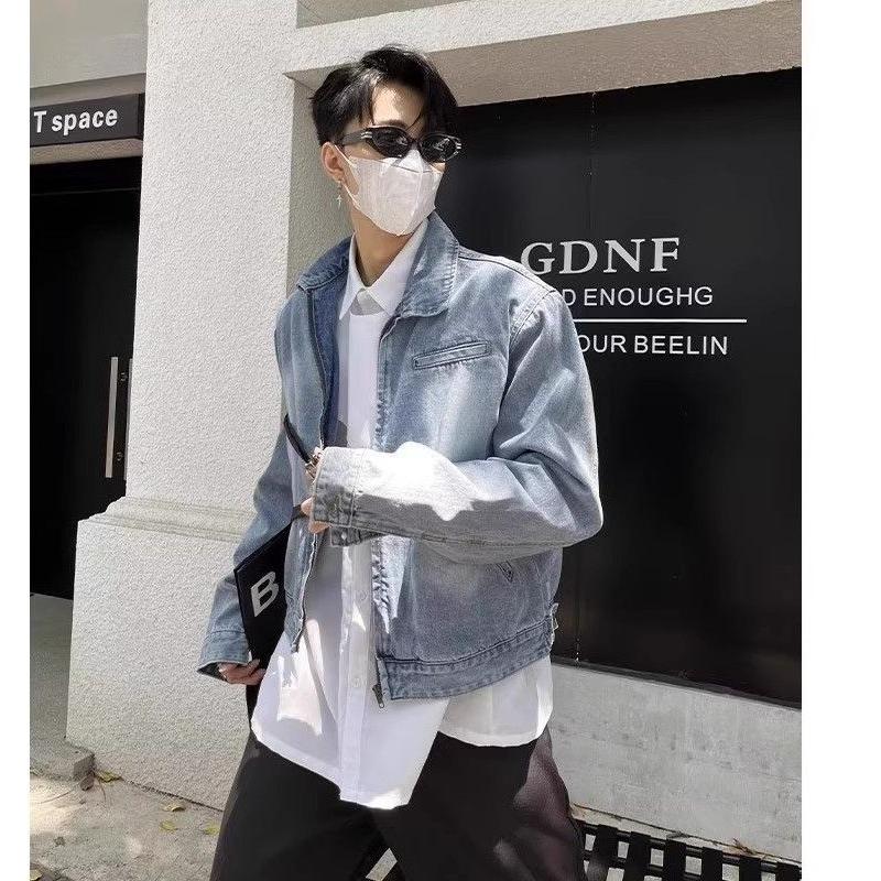 高级感渐变水洗垫肩拉链美式复古夹克外套设计感牛仔衣JJ07P65,男装工装外套,电商D256-2(原A064-2)