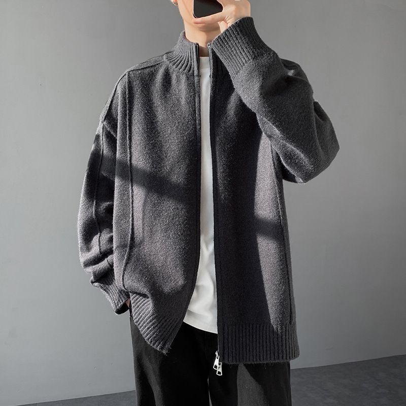 韩系双拉链针织外套长袖休闲宽松简约立领针织开衫毛衣NB117P70,男装针织衫/毛衣,电商D256-2(原A064-2)