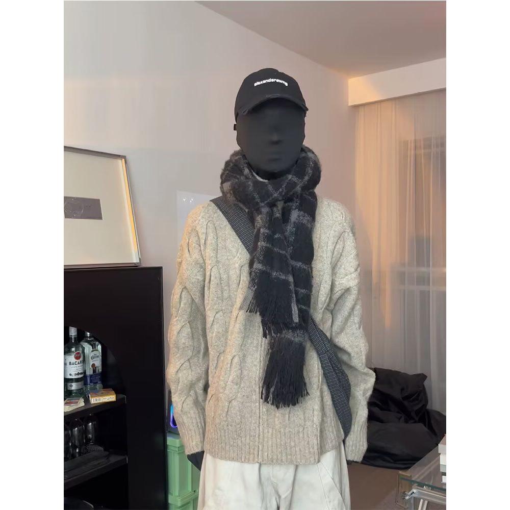 复古麻花纹针织开衫男女秋冬慵懒氛围感高密半高领毛衣潮zzs85p60，男装针织衫/毛衣，电商D256-2(原A064-2)