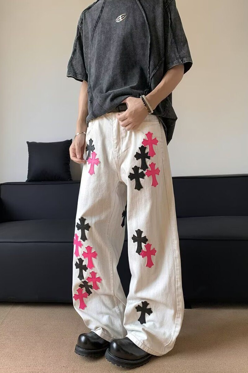 潮牌美式高街十字架贴皮刺绣牛仔裤男vibe风直筒裤子Q15P60,男装皮裤,电商D256-2(原A064-2)