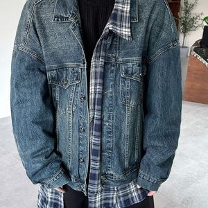 小众假两件不规则牛仔夹克格子拼接设计叠穿宽松衬衫外套M341P75