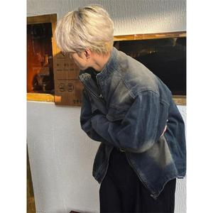 宽松牛仔短夹克男水洗做旧立体口袋美式工装全棉立领外套SK19 P65图片