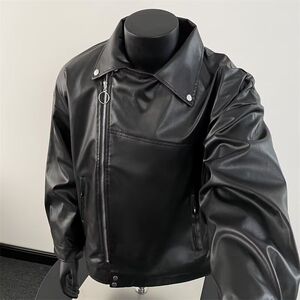 美式街头小众设计感PU皮衣高街休闲连帽斜拉链机车服夹克PJ10 P60图片