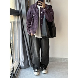 紫色牛仔外套日系潮牌复古翻领工装夹克宽松大码休闲上衣SK26 P65图片