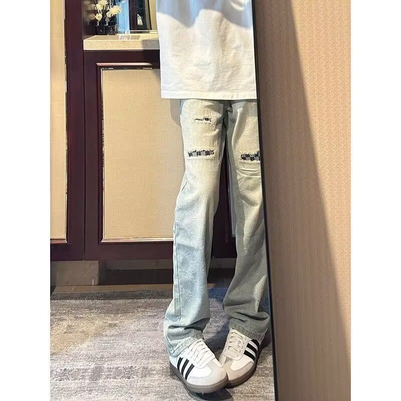 美式复古水洗做旧黄泥撞色破洞补丁牛仔裤痞帅裤子男G1091P45,男装牛仔裤,电商D256-2(原A064-2)