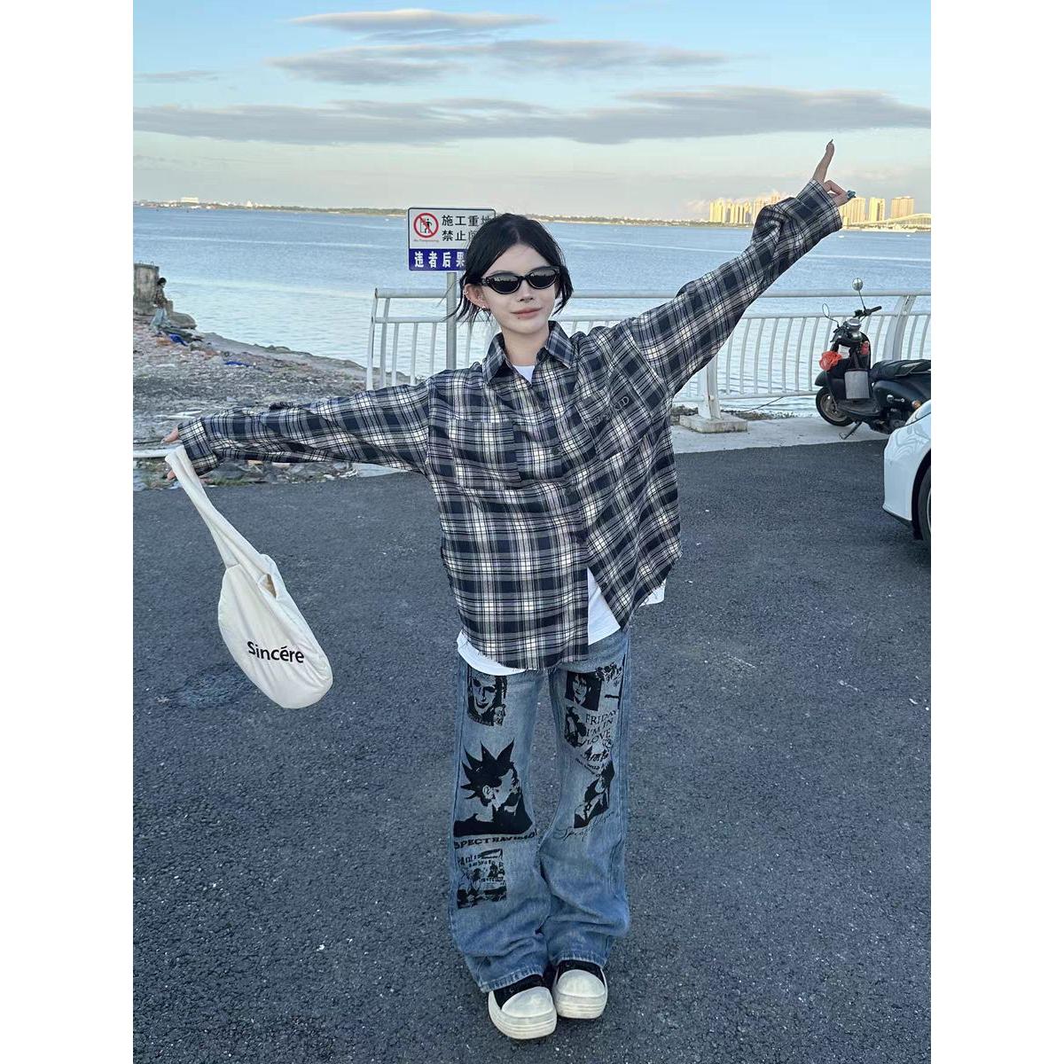 格子长袖衬衫日系港风宽松衬衣男生夏季潮流百搭休闲外套D34P35,男装衬衫,电商D256-2(原A064-2)