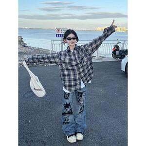格子长袖衬衫日系港风宽松衬衣男生夏季潮流百搭休闲外套D34 P35图片
