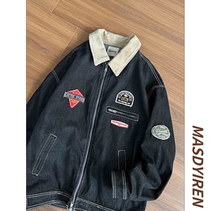 美式复古绣标短裤翻领夹克男女春季潮牌情侣百搭休闲外套NB85 P75图片