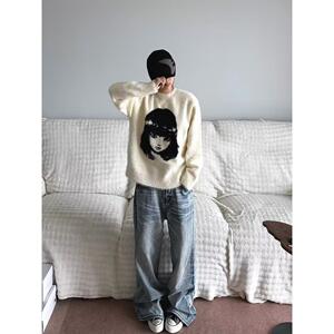 马海毛毛衣针织衫秋季打底衫长袖卡通绣花宽松潮流上衣NB251 P60图片