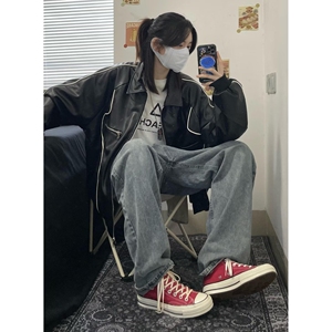欧美高街复古轮廓机车夹克潮牌情侣宽松防风皮衣外套秋冬B113 P55图片