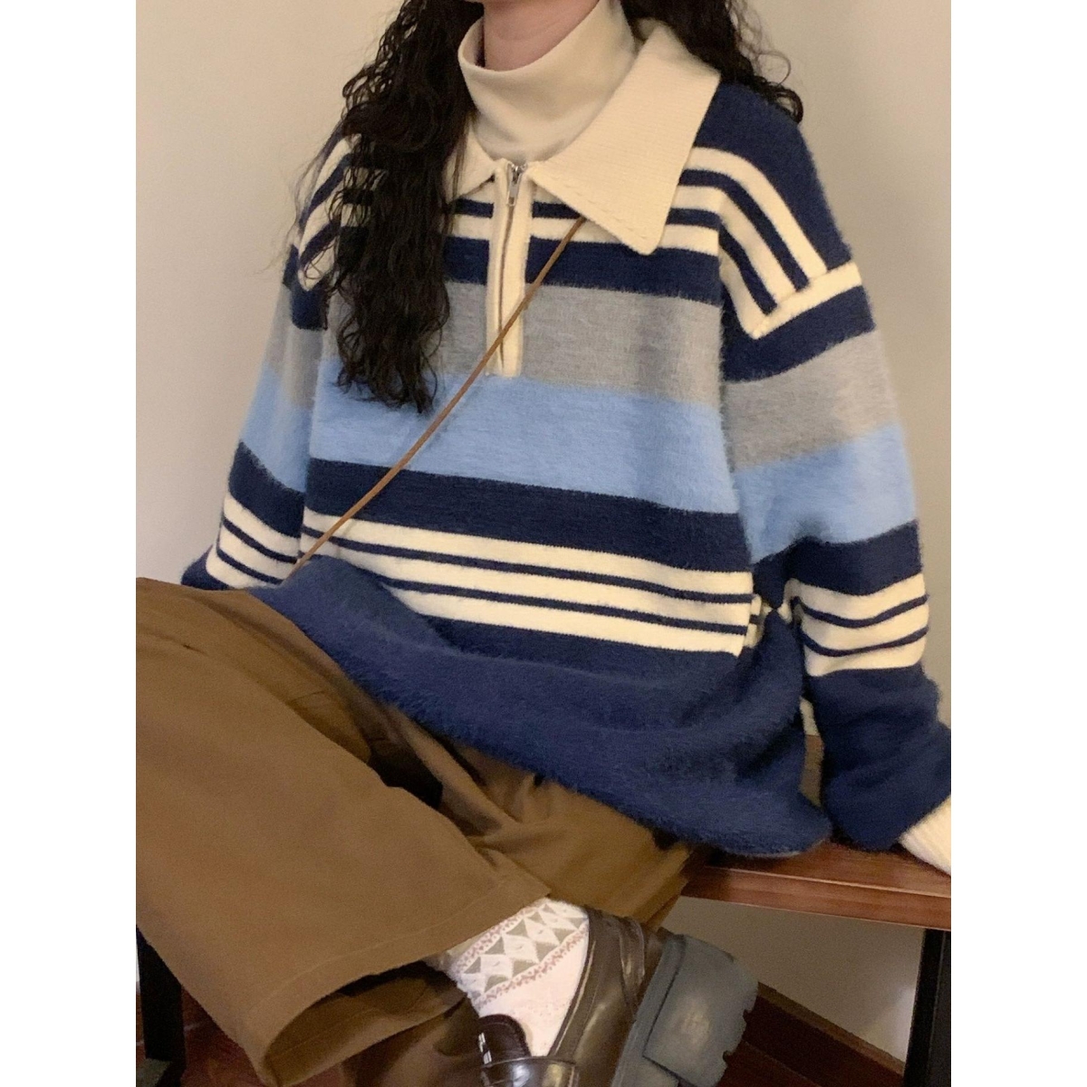 仿貂小众帅气日系vibe风polo领毛衣针织衫韩系学院外套NB337P65，男装针织衫/毛衣，电商D256-2(原A064-2)