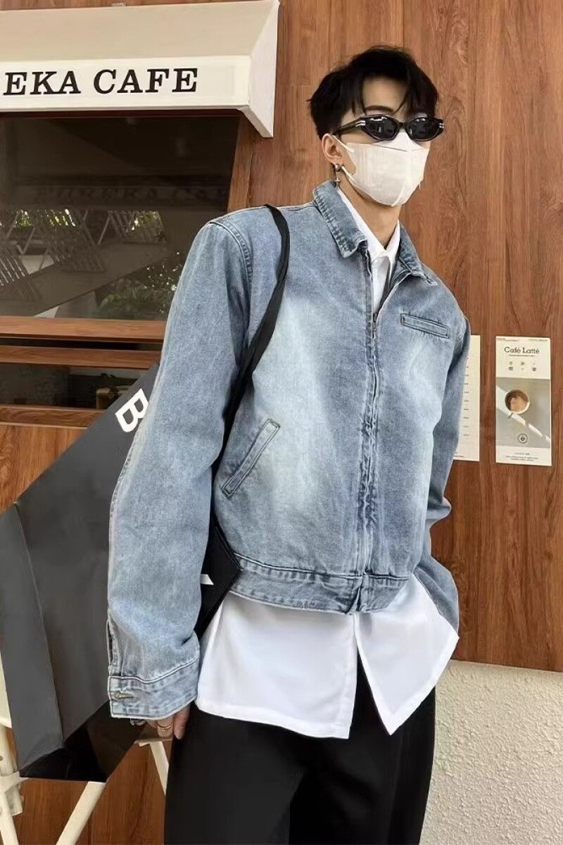 高级感渐变水洗垫肩拉链美式复古夹克外套设计感牛仔衣JJ07P65,男装工装外套,电商D256-2(原A064-2)