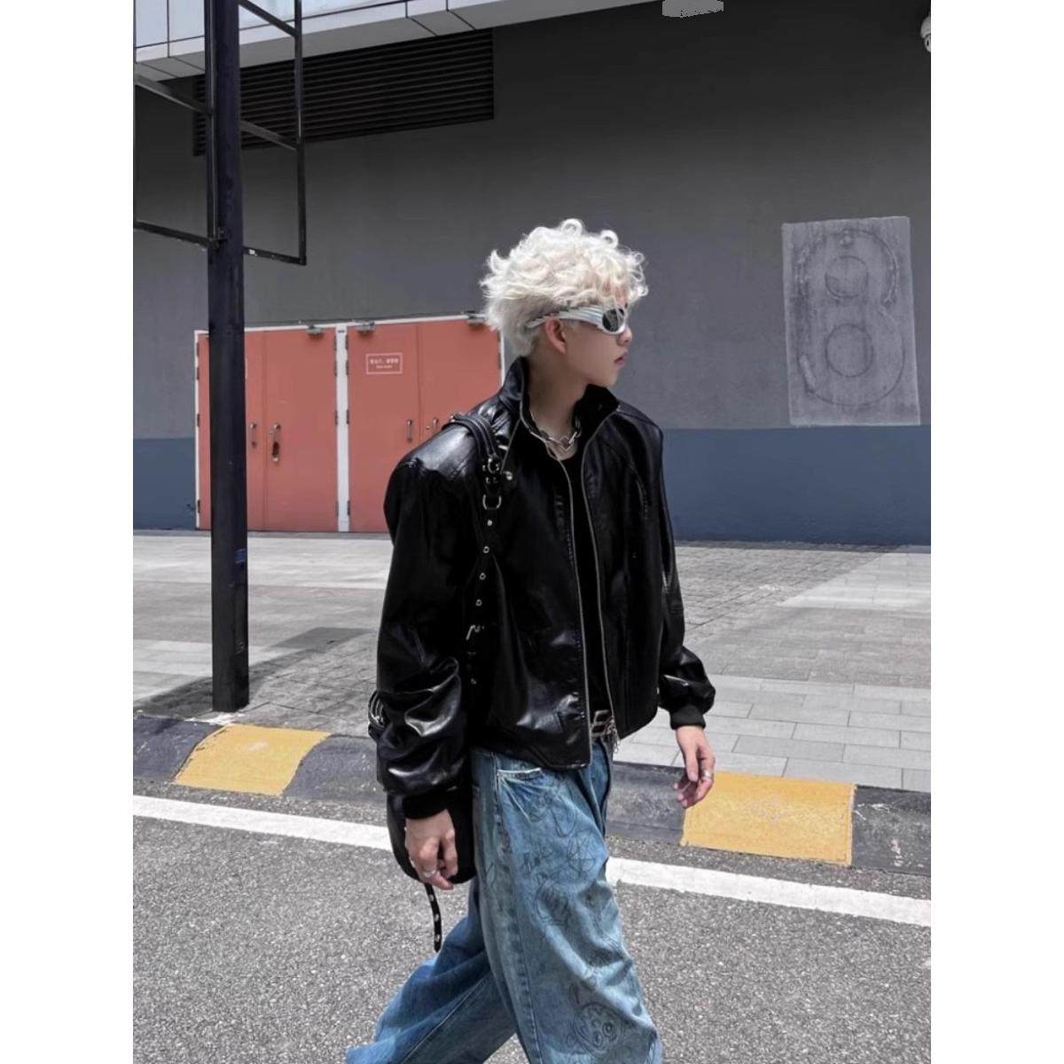 美式复古机车服男痞帅秋冬新品短款宽松外套黑色皮衣男NB215P65,男装皮衣,电商D256-2(原A064-2)