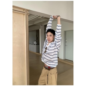 拼色长袖Polo衫男刺绣字母美式复古宽松半拉链卫衣NB65 p45图片