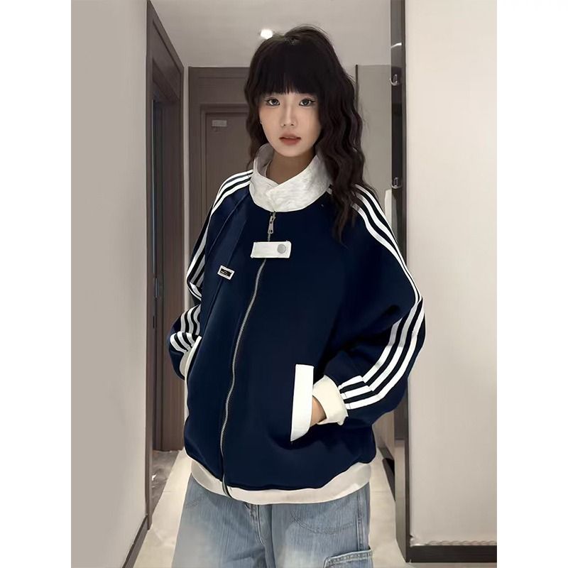 白花灰三条杠卫衣外套拼接撞色立领棒球服学院风情侣夹克NB222P45,男装夹克,电商D256-2(原A064-2)