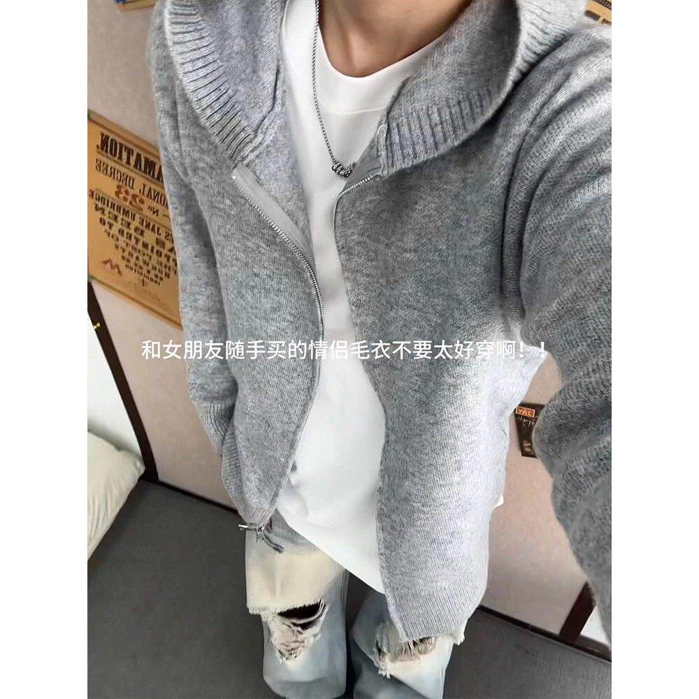 慵懒风双拉链针织连帽开衫卫衣美式复古软糯毛衣外套NB228P45特,男装针织衫/毛衣,电商D256-2(原A064-2)