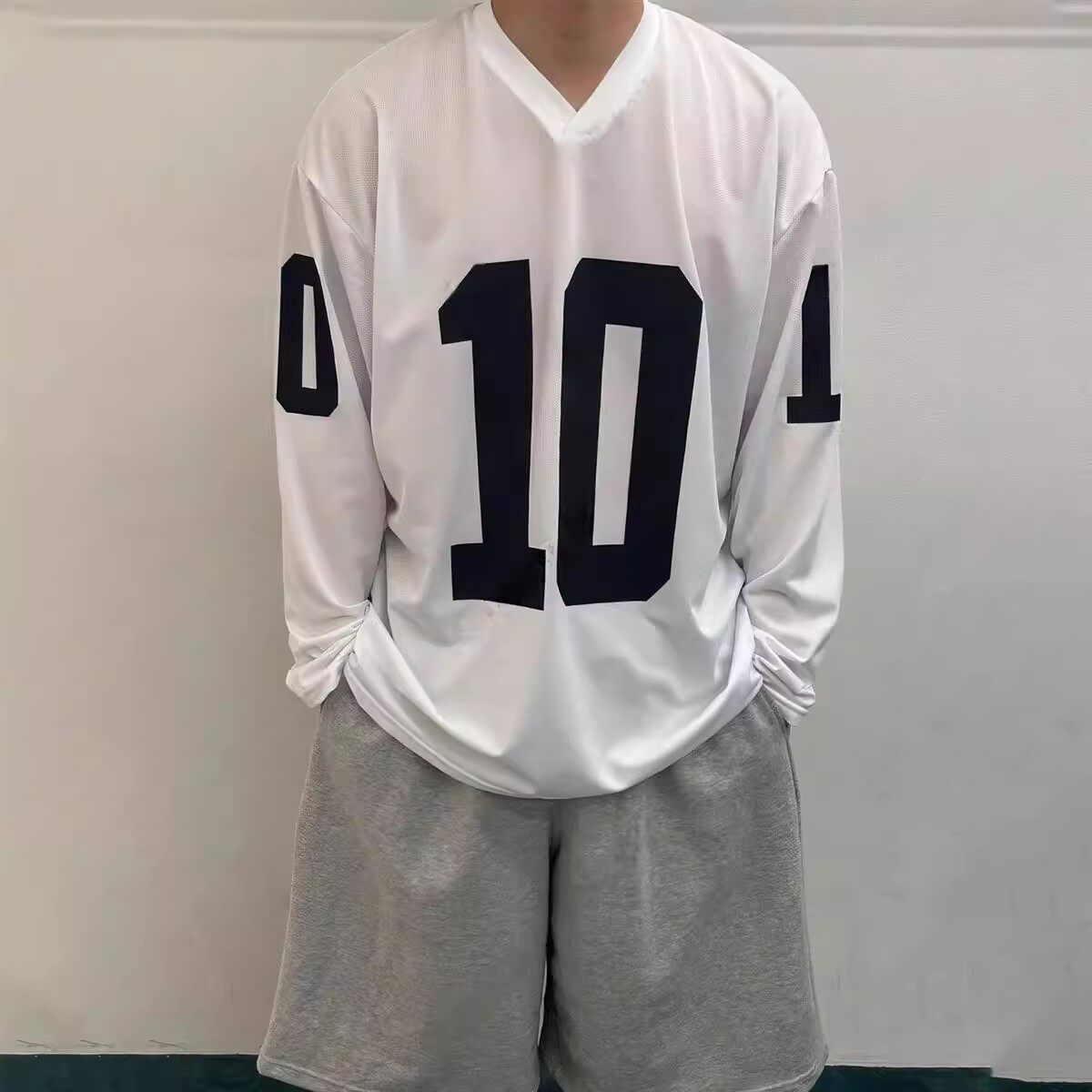 加大码300斤美式V领数字印花长袖T恤男春秋运动风宽松篮球服上衣