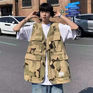 300斤夏季 外套男装 薄款 马甲运动背心复古高街无袖 迷彩工装 特大码