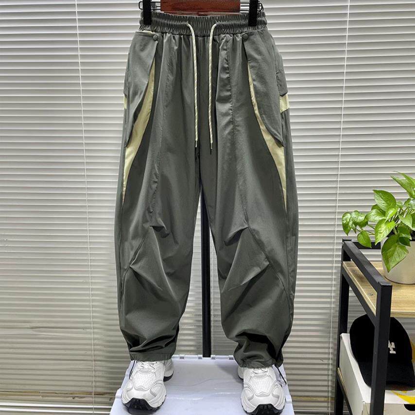 春夏薄款束脚工装哈伦裤男大码300斤日系拼色休闲运动九分裤潮牌2