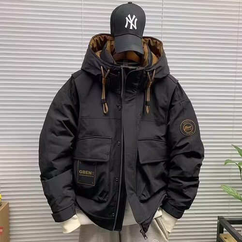 加厚保暖多口袋黑色棉衣外套