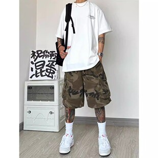 300斤美式 口袋休闲宽松五分裤 vintage工装 男夏季 迷彩短裤 加肥大码