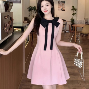 法式 胖妹妹甜美洋气显瘦背心裙 千金风蝴蝶结收腰连衣裙女夏季 大码