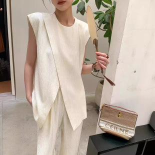 女2025夏季 白色兩件套裝 不規(guī)則背心上衣垂感闊腿拖地長褲 名媛韓版