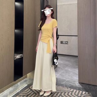 两件套装 跨境韩系温柔风不规则短袖 高腰显瘦阔腿裤 T恤女夏季 新款
