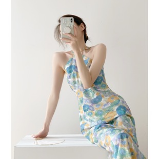 潮ins莫奈花园油画感修身 挂脖连衣裙新中式 改良款 旗袍2025夏新款