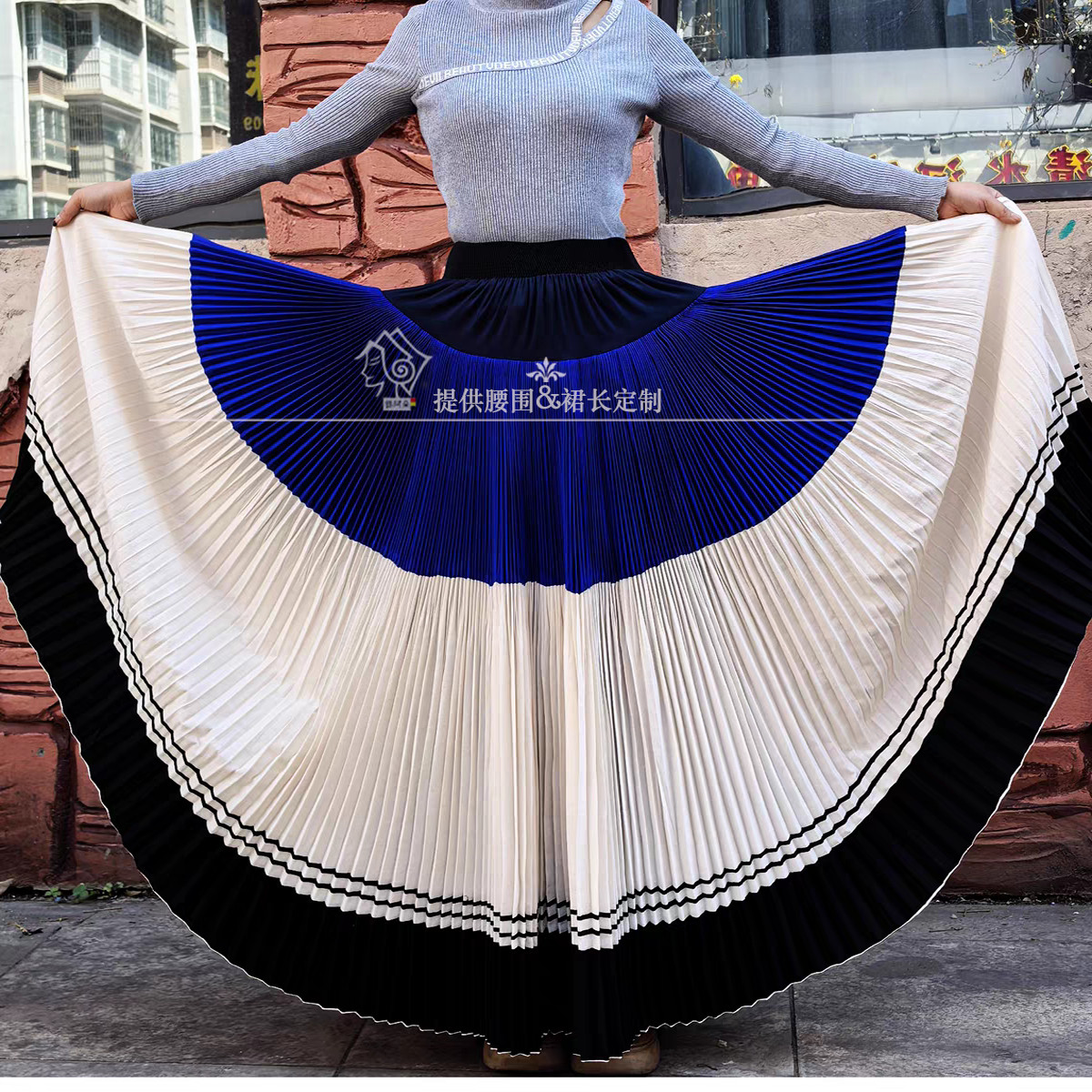 彝阿朵大裙摆彝族裙子百褶裙复古棉麻宝蓝色民族传统服饰半裙长裙