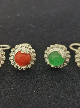 彝阿朵凉山彝族纯银耳环女小花草帽耳钉红色绿色藏式耳饰品淑女