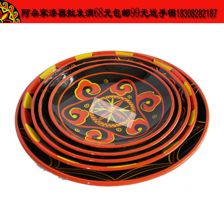 凉山彝族漆器盘子民族特色花纹风格餐具扁平盘菜盘纯手工绘画纪念