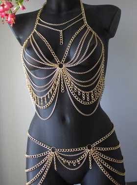 欧美流行身体链body chain多层挂须比基尼金属链夜店舞台搭配饰品