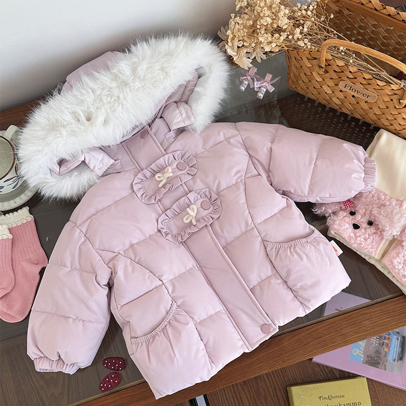 粉紫色女宝宝白色毛领 儿童羽绒服2025冬季新款