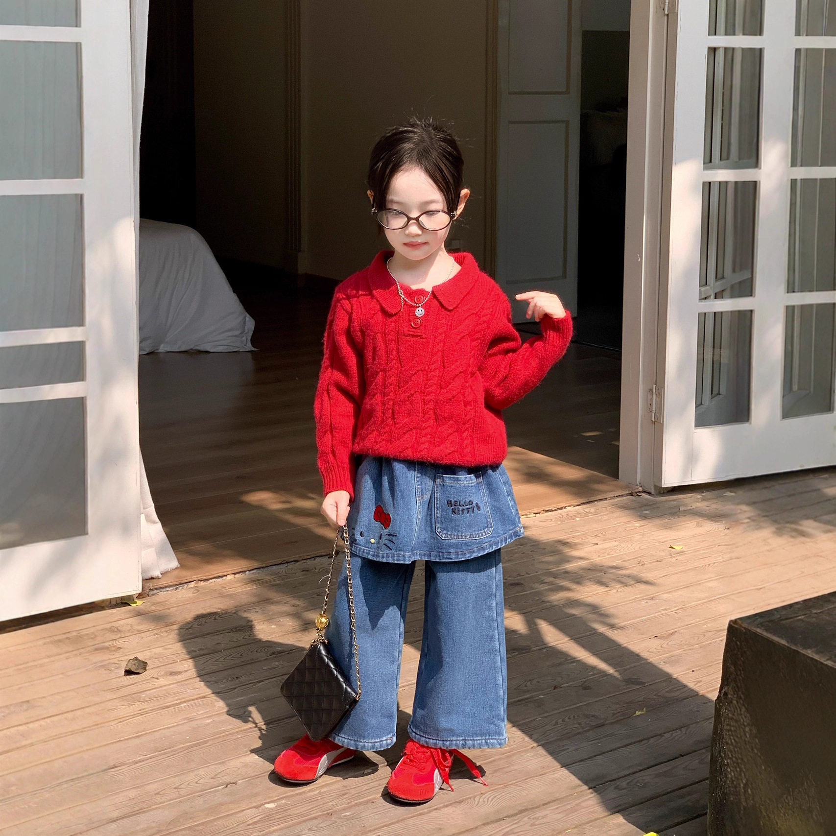 儿童韩版毛衣2025秋冬新款童装女童翻领加厚毛线上衣加绒裙牛仔裤